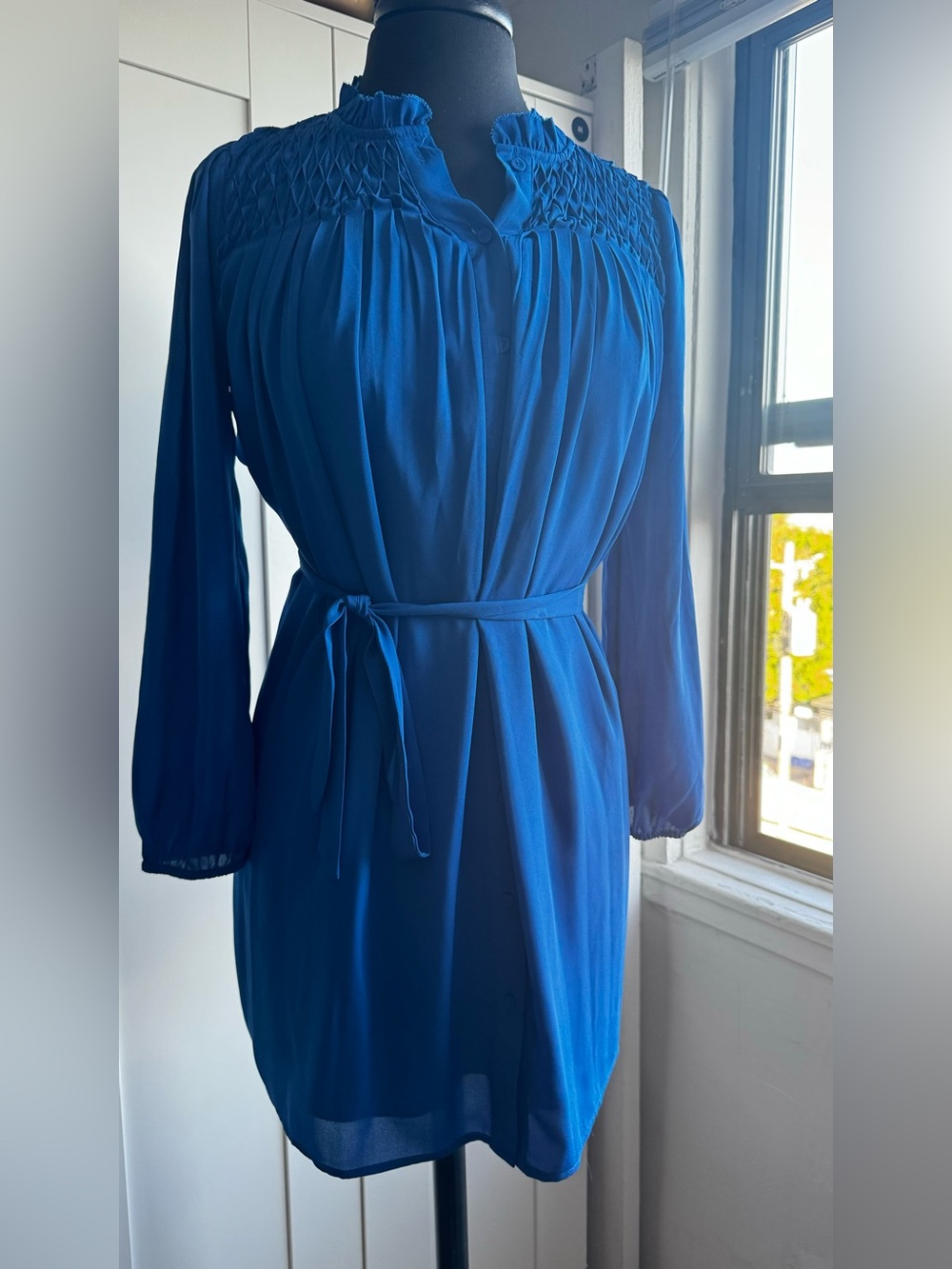 Daniel Rainn Royal Blue Long-Sleeve Smocked Yoke Shirt Dress